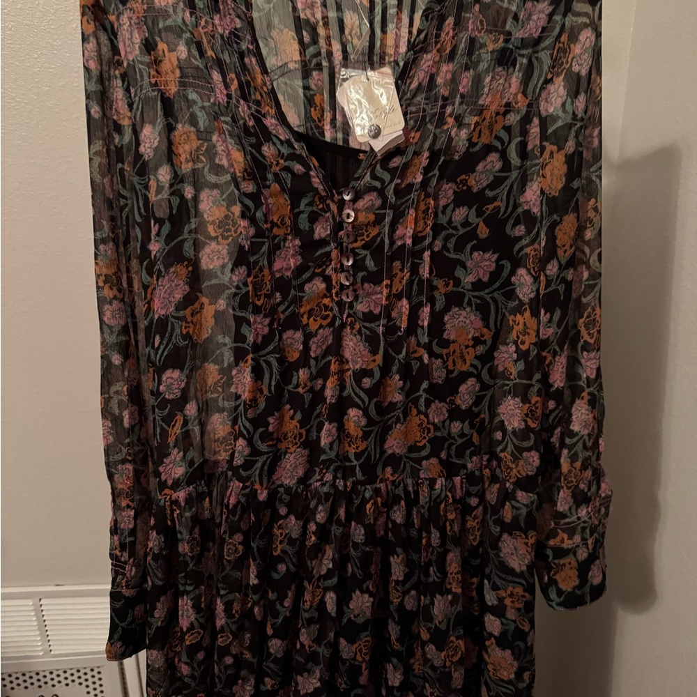 NWT Free People See It Through Floral Chiffon Maxi Dress Long Sleeve Sz XS - Picture 6 of 12